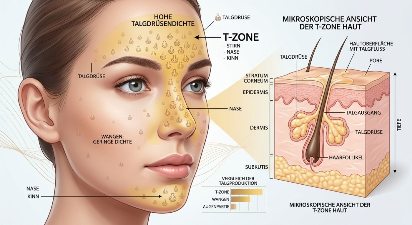 Illustration der Talgdrüsenverteilung im Gesicht: hohe Dichte an Stirn, Nase und Kinn (T-Zone), geringe Dichte an den Wangen; daneben ein schematischer Hautquerschnitt mit Talgdrüse, Haarfollikel und Talgausgang